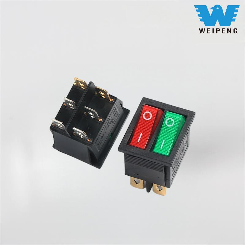 Công tắc hình thuyền đôi Kcd4 Dpdt 6 chân có đèn đỏ và xanh